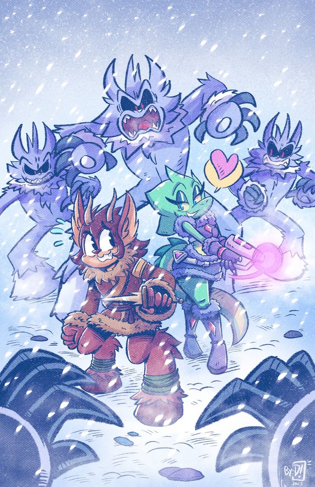 Pic shows Octy and Digi's Theron in their winter gear, being swarmed by snow monsters!