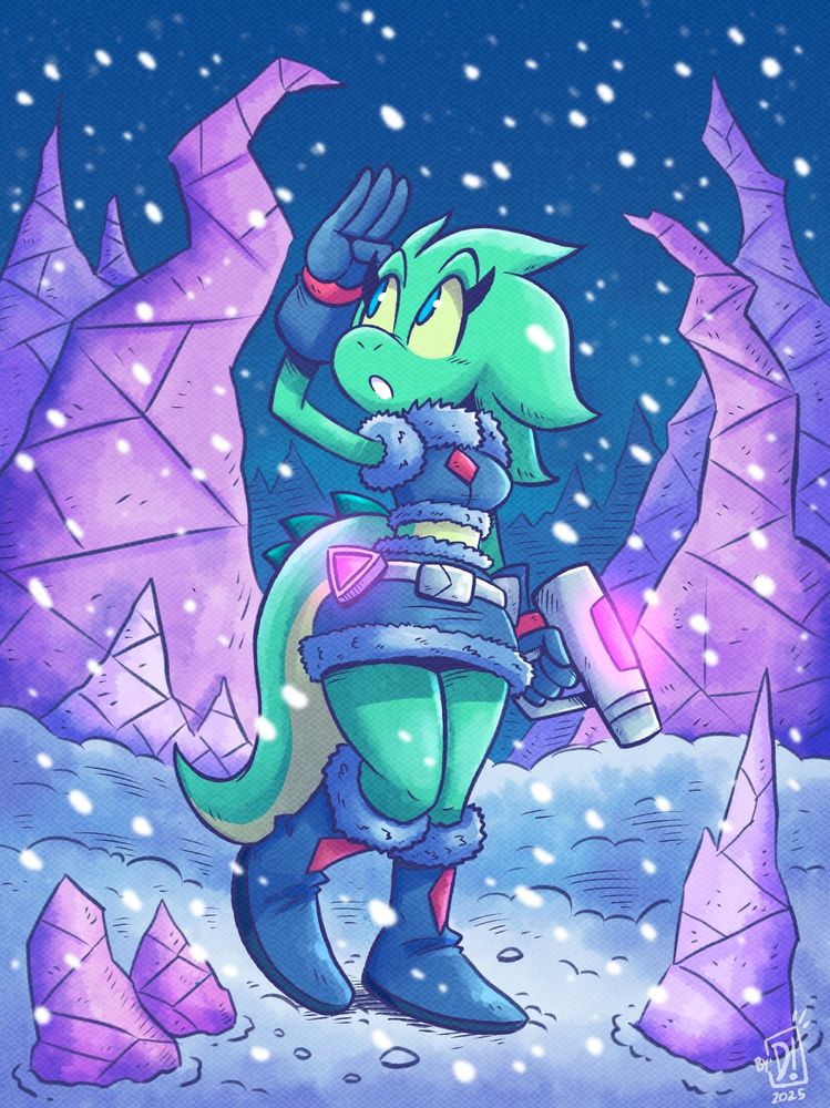 Octavia in her Wintery Adventure Attire, going through the snowy lands full of jagged yet pretty purple-pinkish rocks/stones.