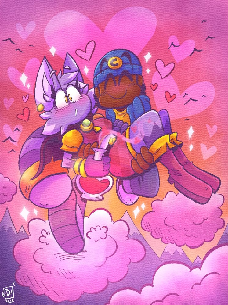 CJ holding Brooke in his arms as he gracefully hops across a bunch of puffy clouds in the sky with some mountains nearby. Brooke as she's being carried is holding her Love Potion.
