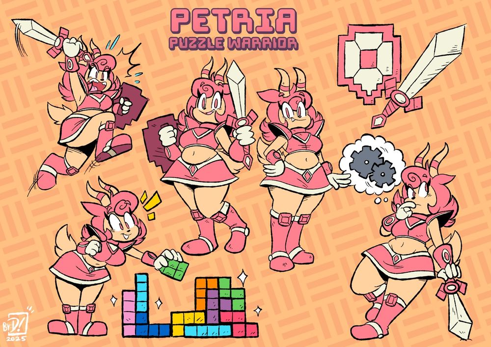 A page of various doodles of my new OC, Petria!
Includes two neutral poses of her, one with her sword and shield, one without. One depicts her placing Tetris-like pieces together. One has her leaping into battle. and finally one has her thinking/pondering.