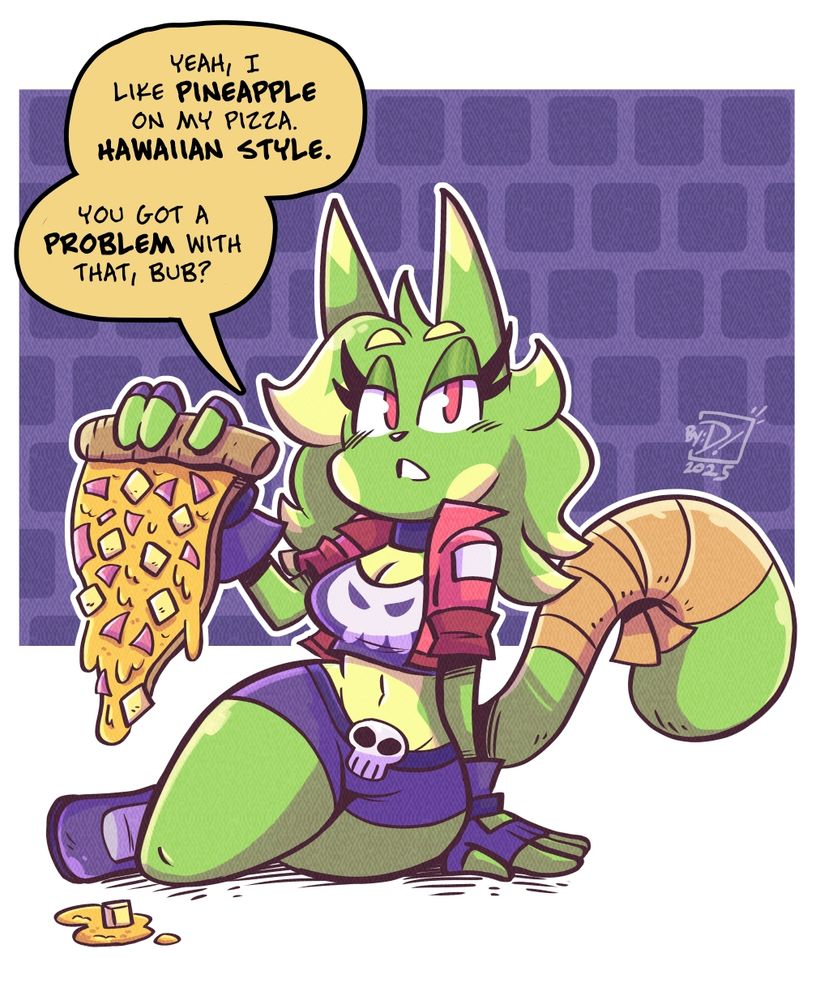 Zara chilling on the ground while holding a Hawaiian Style Pizza.🍕