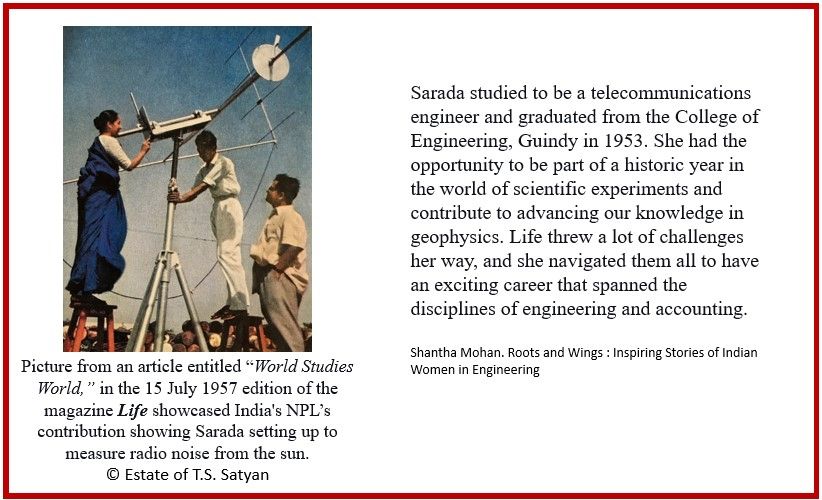 A woman in a blue saree is on a ladder helping fix an antenna while a man in white helps her, and a man in khaki looks on. This picture is copyrighted by the Estate of T.S. Satyan. On the right is text describing the woman, Sarada Parthasarathy, a pioneering 1953 engineering graduate.