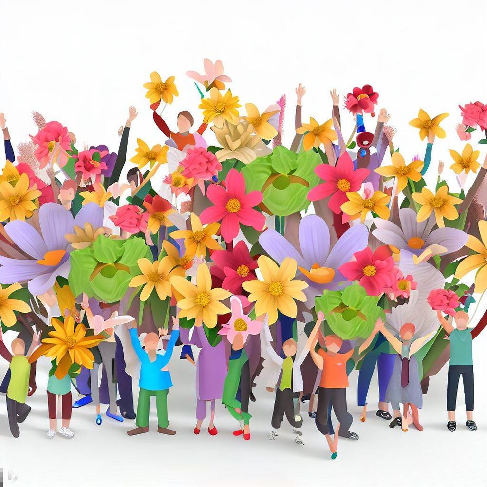 An AI image showing a group of people holding up flowers in various colors.  Inspired by @millionpeople4pets.bsky.social's post.