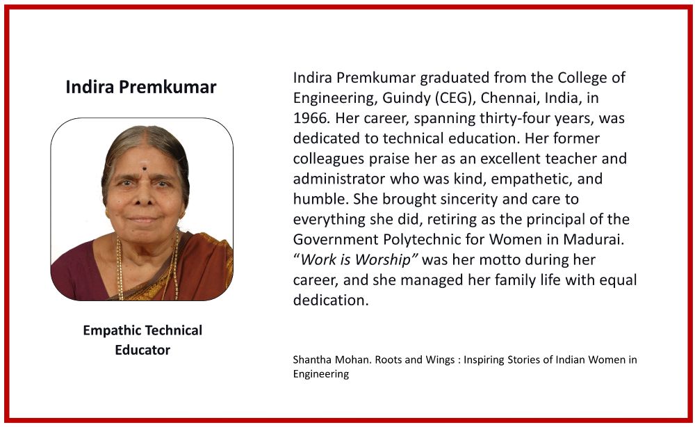 Indira Premkumar. On the right, text about her and her career.