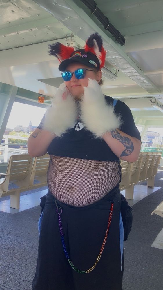 Me wearing my black crop top and fishnet tank, a kilt and red and black fox ears with white paws, on the ferry to seattle 