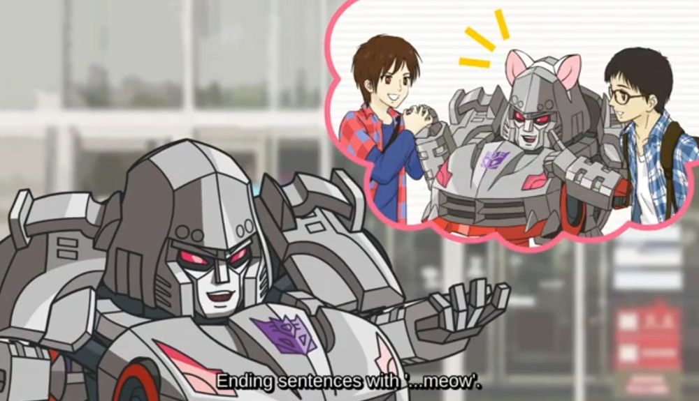 A screenshot from episode 3 of Q-Transformers - The Road to Additional Popularity as translated by Karyuudo Fansubs. Megatron says "Ending sentences with '... meow' and in his thought bubble he is depicted wearing cat ears surrounded by fans. 