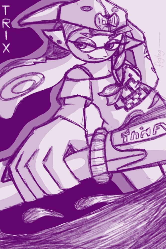 a purple monochrome digital shaded sketch of an Inkling holding a Mint Decavitator 