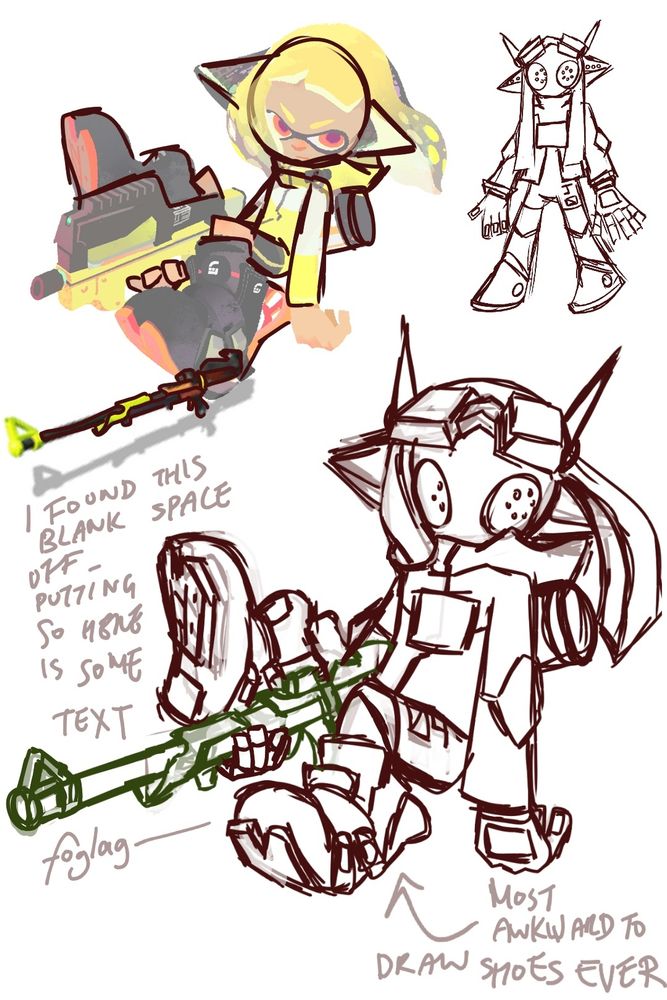 the sketch of the drawing from the previous posts, with guidelines drawn over the reference image in the corner.  in the sketch, the character is looking to the left rather than straight on as in the final image, and the charger weapon is drawn in green whilst everything else is sketched in brown. there is some text filling in the gap between the reference and the drawing, which reads "I found this blank space off-putting so here is some text". an arrow points to the shoes on the sketch, labelled "most awkward to draw shoes ever".