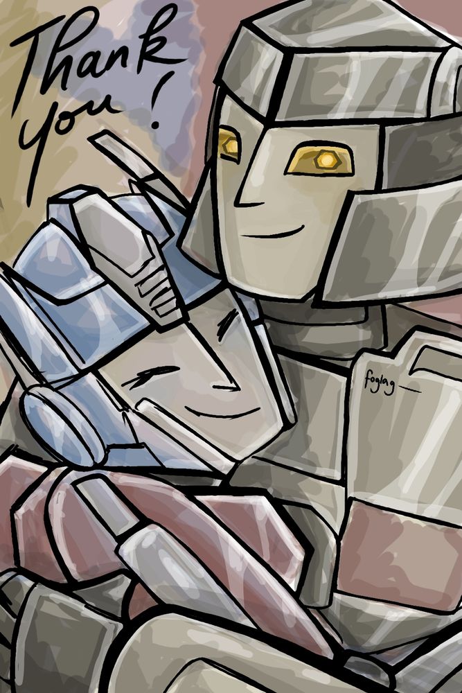 A digital coloured and shaded sketch of cogged versions of D-16 and Orion Pax hugging.