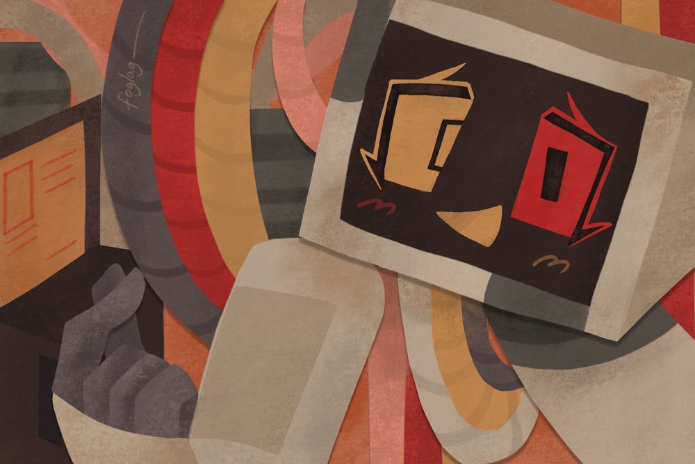 a digital lineless drawing with a warm colour palette and texture mimicking paper. it depicts a supercomputer who has an arm connected to some wires hanging from an unseen place, as well as a screen that shows a smiling expression. she is making a heart symbol with her fingers. more wires are shown in the background.