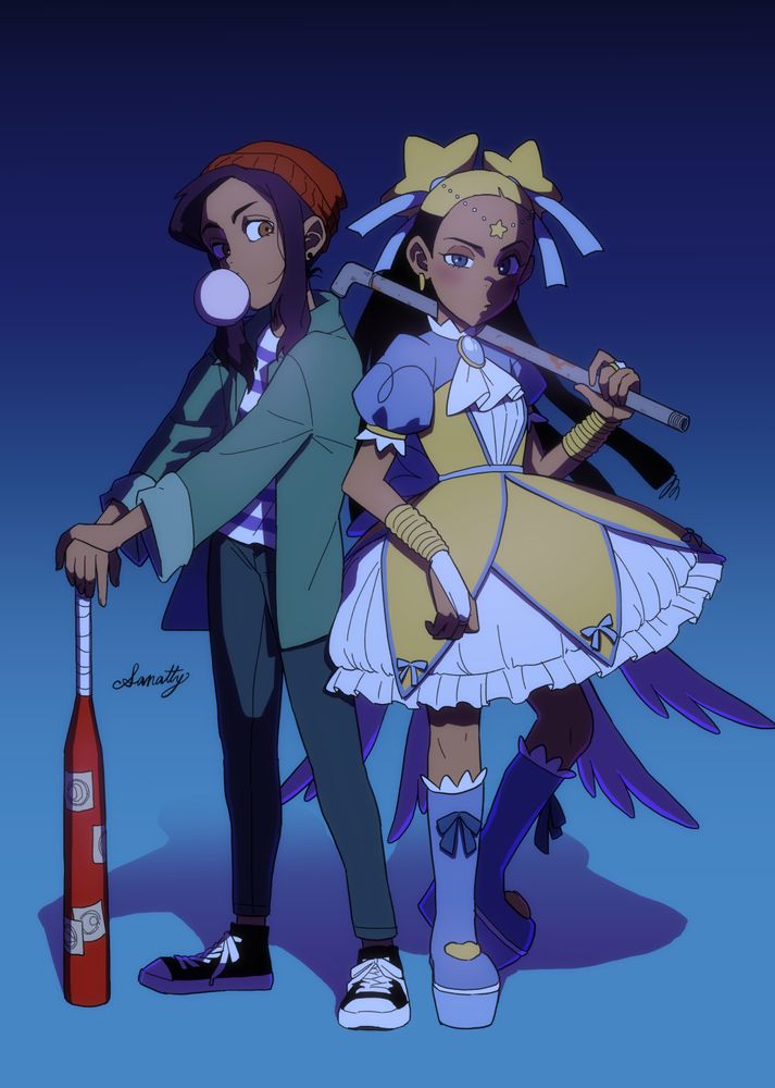 「アウルハウス」と「Pretty Pretty Please I Don't Want to be a Magical Girl」のクロスオーバーファンアート。
左はbetaデザインのルースがガムを膨らませながら、バットの先端を地面につけて持っている。
右はアイカが不服そうな表情で鉄パイプを肩に置いて持っている。
背景は暗い青色のグラデーションで、夜のような雰囲気。