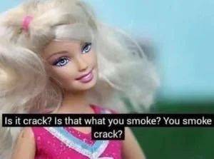 Barbie com a legenda "is it crack? Is that what you smoke? you smoke crack?"