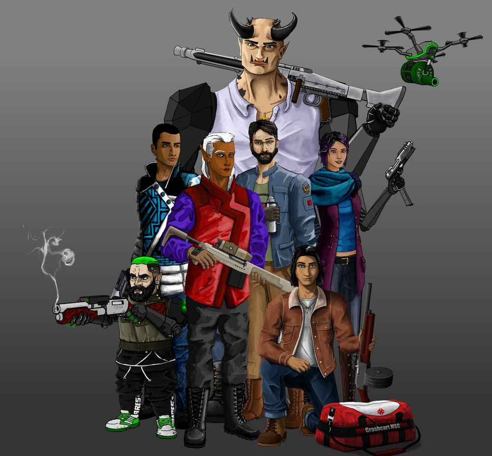 Crazy colourful Shadowrunners. Left to right: Maniac Dwarf Chemist Khem, Aztechnology human decker Azban, street Sams Sparrow (elf), Aurelius (troll) and smoke (human), Medic Holiday, and azbans gunbunny sister, Charlotte.
