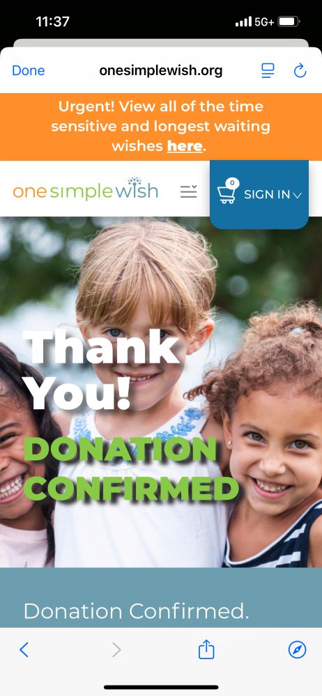 One simple wish donation confirmation page.