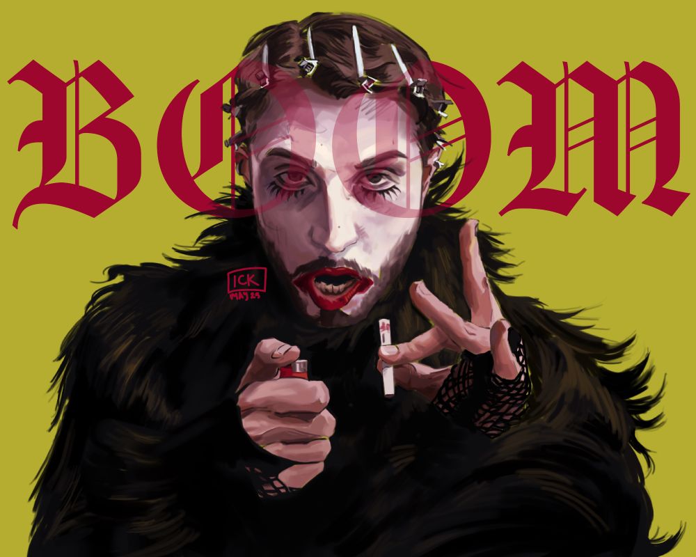 Fan art of bbno$ (baby no money) from the "Boom" music video on a vibrant green background. The text "Boom" is at the top of the image and passes over his face. 