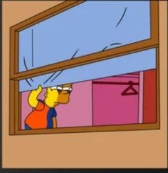 Bart Simpson steht mit Augenringen skeptisch aus dem Fenster schauend in der Sonne und schützt sich mit einem Rollo vor der einfallenden Sonne