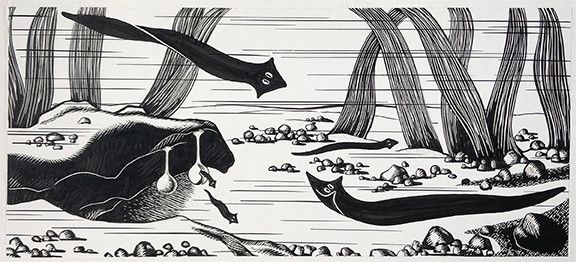 another picture from the same book, displaying more of an underwater scene with multiple differently sized flatworms in it