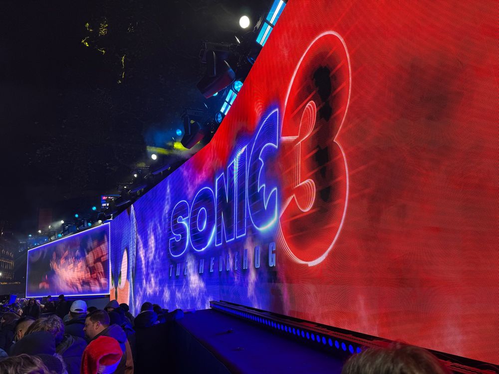 Image showing the "Sonic the Hedgehog 3" logo on a large screen at the UK premiere for the movie
