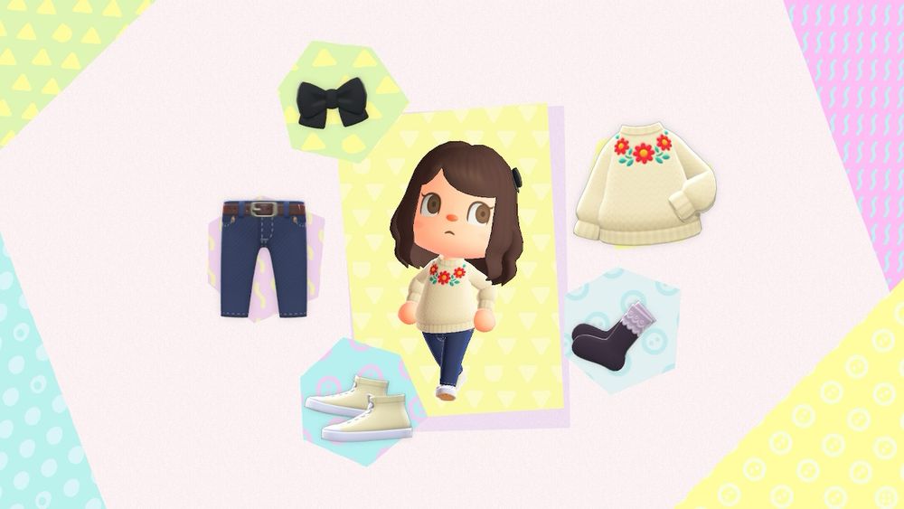 An Animal Crossing: New Horizons outfit of the day, featuring a female player character with long brown hair and brown eyes. She is surrounded by the chosen clothes, which includes a cream jumper with floral details, a black hair bow, cream high-top trainers, blue denim skinny jeans, and frilly black socks. 