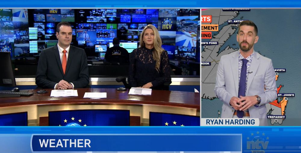 Michael Connors and Jodi Cooke co-anchor the NTV Evening Newshour while Ryan Harding delivers the weather forecast.