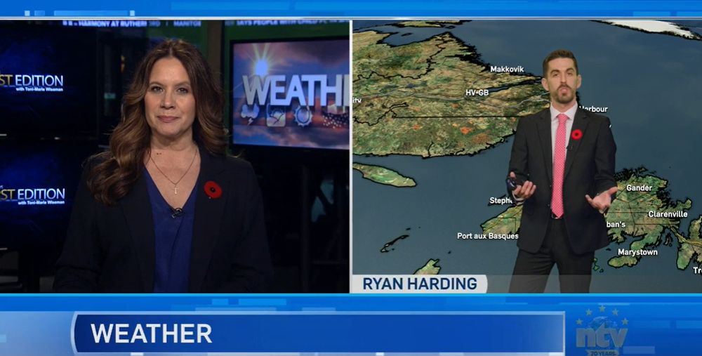Toni-Marie Wiseman anchors NTV News First Edition while Ryan Harding delivers the weather forecast.
