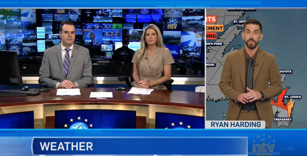 Michael Connors and Jodi Cooke co-anchor the NTV Evening Newshour while Ryan Harding delivers the weather forecast.
