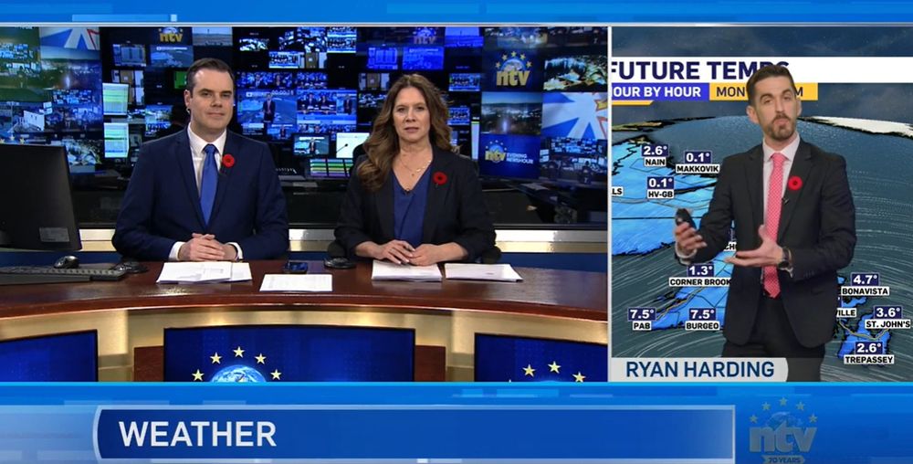 Michael Connors and Toni-Marie Wiseman co-anchor the NTV Evening Newshour while Ryan Harding delivers the weather forecast.