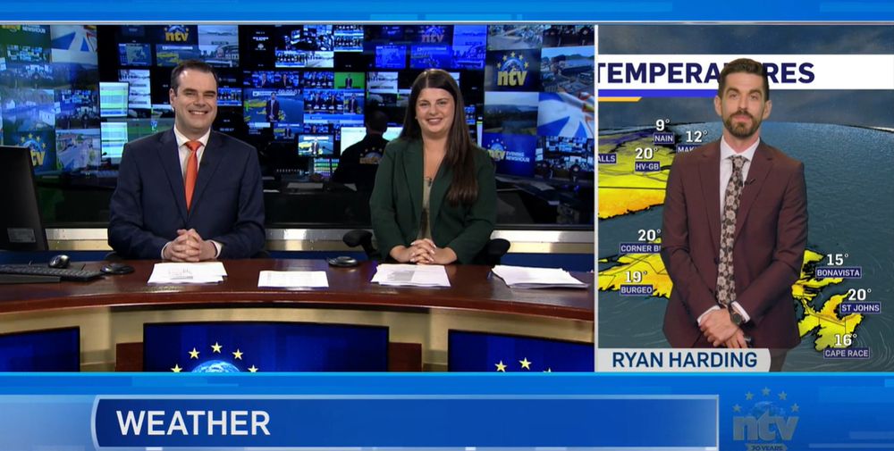 Michael Connors and Beth Penney co-anchor the NTV Evening Newshour while Ryan Harding delivers the weather forecast.