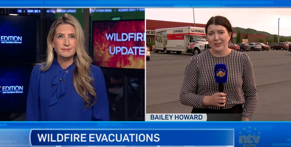 Jodi Cooke anchors NTV News First Edition while Bailey Howard reports on the wildfire evacuations.