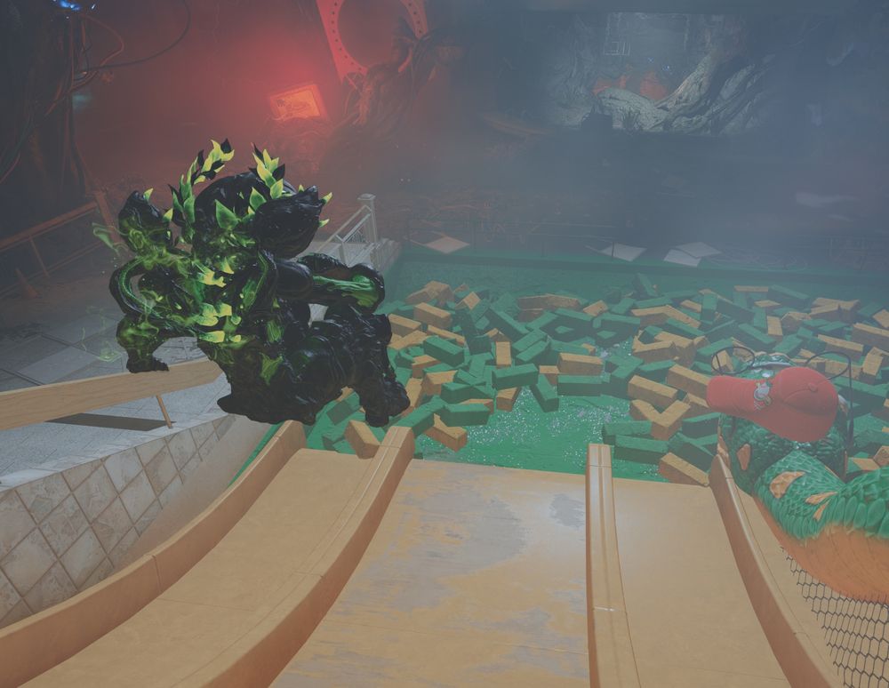 Nokko diving into a foam pit.