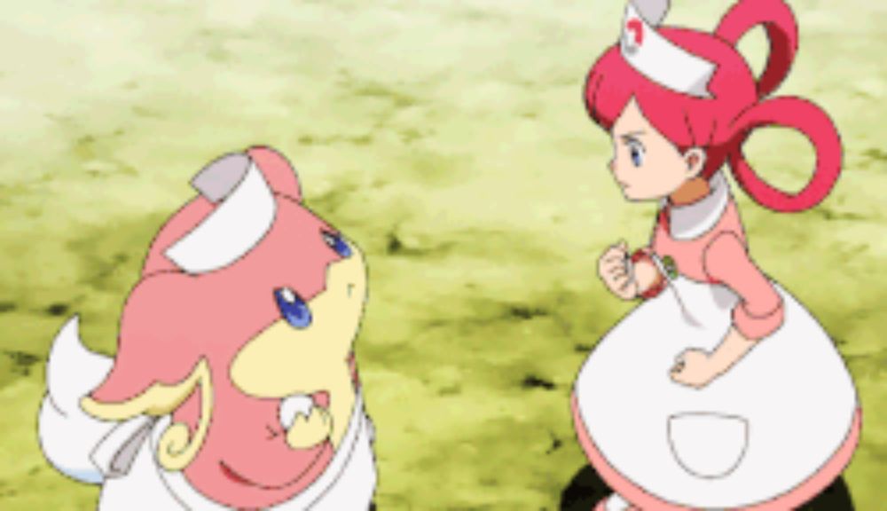 a girl in a nurse 's hat stands next to a pink animal