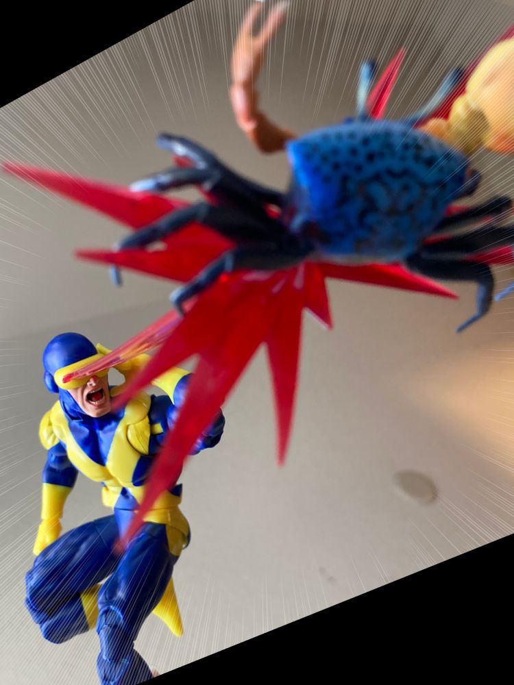Cyclops of the X-Men shouting "FUCK YOU CRAB!" as he blasts a crab with his beams what he shoots out the face-eyes.
