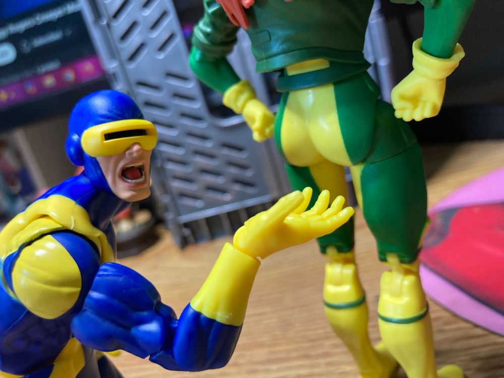 Cyclops of the X-Men readies himself as he stares down the beast.
Not Hank "Beast" McCoy though, it's Rogue's ass.