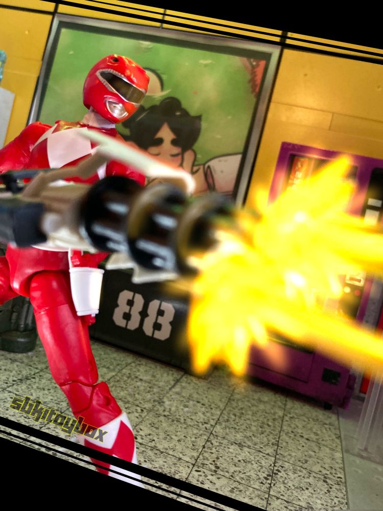 toy photo of the power rangers lightning collection MMPR red ranger a firing his massive fortnite gun because fortnite gave the red ranger a massive gun