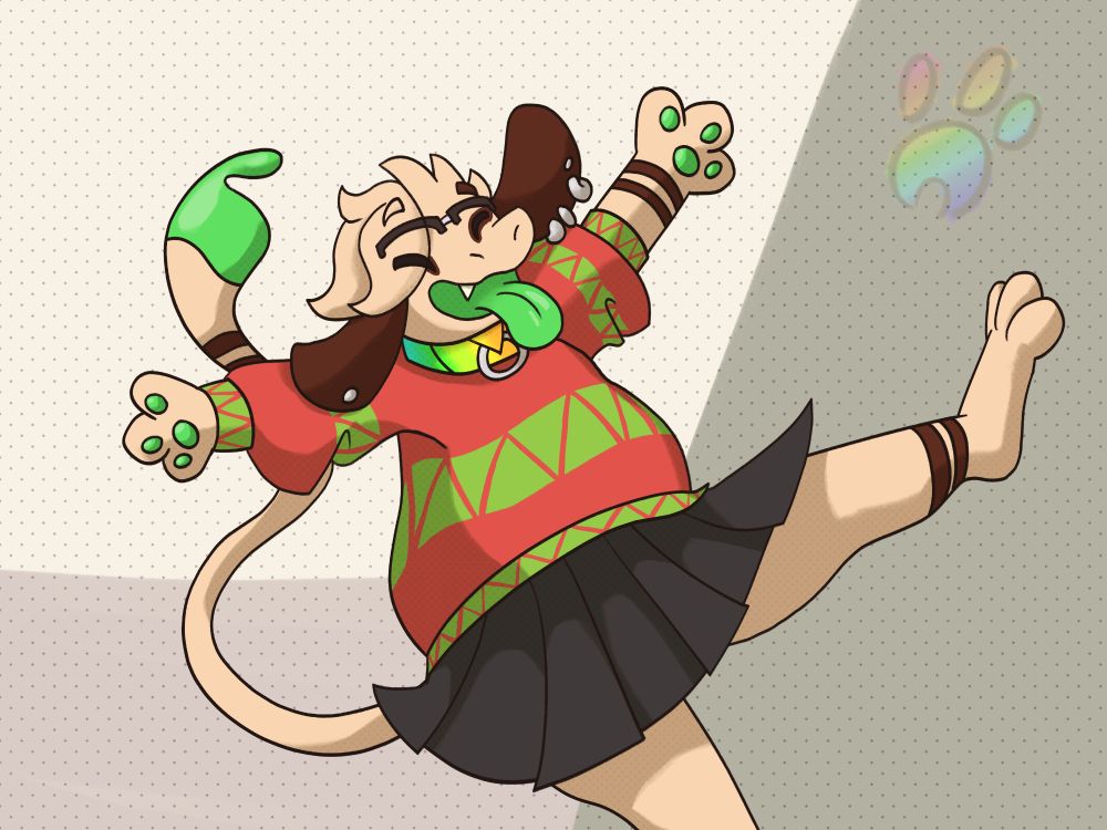 Speck the Smeargle in a joyous pose, wearing a red and green sweater.