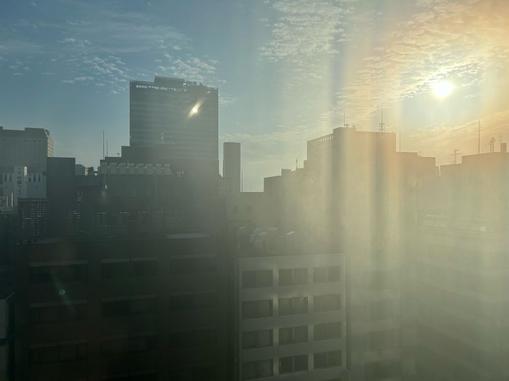 The sun rising over the Sapporo skyline, photographed from a hotel window. (There’s a lot of glare.)

ホテルの窓から撮影した札幌の街並みに昇る太陽。（かなり眩しいです。）