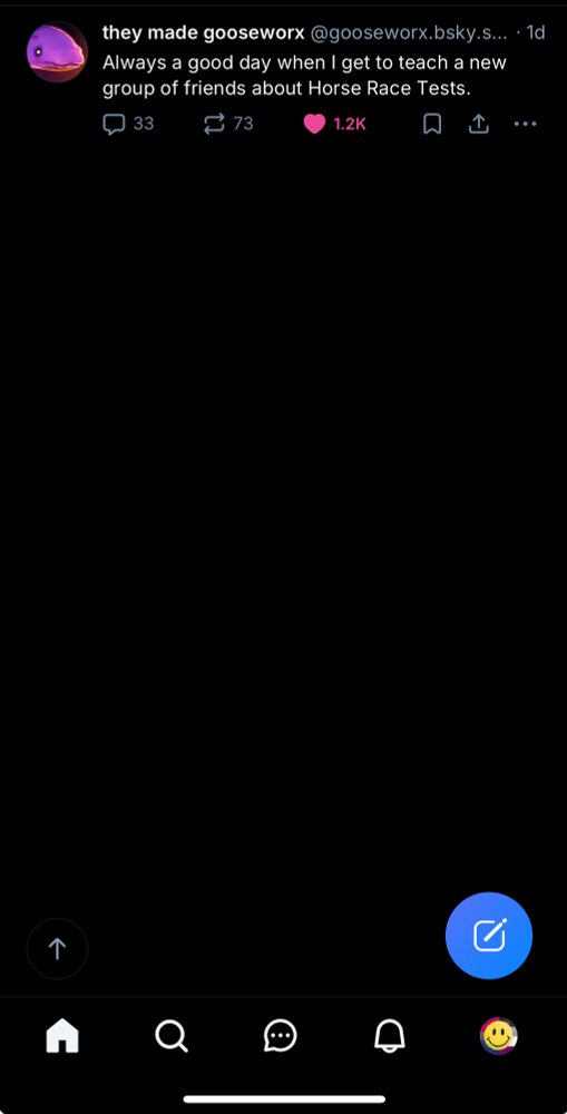 Screenshot of a bluesky feed that is completely empty save for gooseworx’s post at the top.