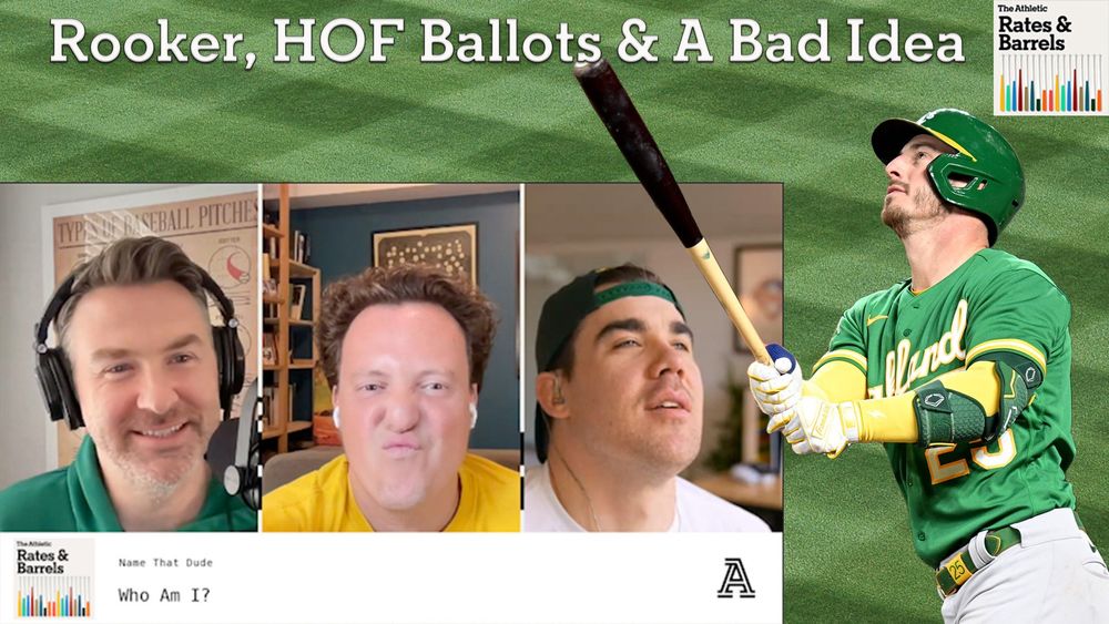 A's outfielder/DH Brent Rooker (right) joined DVR, Eno and Trevor (left to right, left photos) on the latest episode of Rates & Barrels to discuss his offseason so far on the heels of a career-year in 2024. 