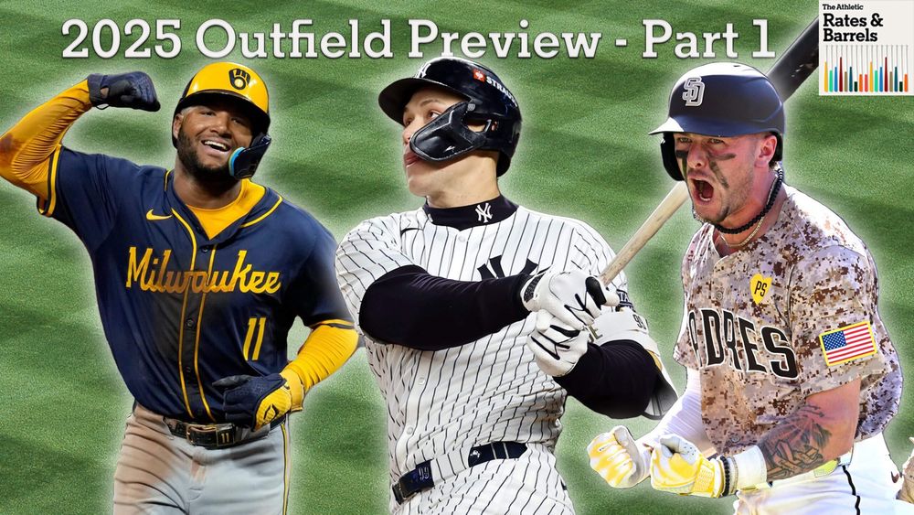 Episode art for the 2025 Outfield Preview - Part 1 from the Rates & Barrels podcast featuring Jackson Chourio (left), Aaron Judge (center), and Jackson Merrill (right). 

Jackson Chourio Cover Photo: Cara Owsley-USA Today Sports
Aaron Judge Cover Photo: Sarah Stier/Getty Images
Jackson Merrill Cover Photo: Orlando Ramirez-USA TODAY Sports