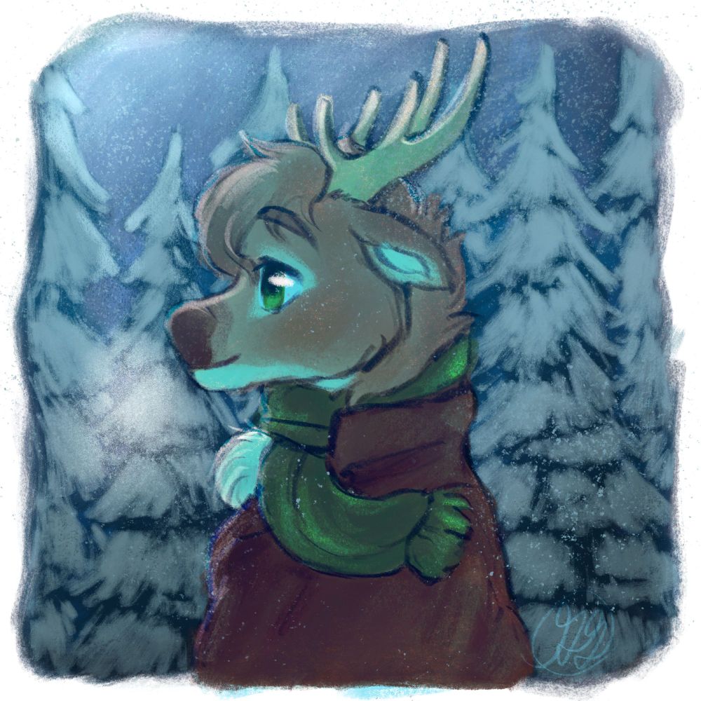#FurryArt featuring Foelan in a snow coat and scarf on a snowy forest backdrop.