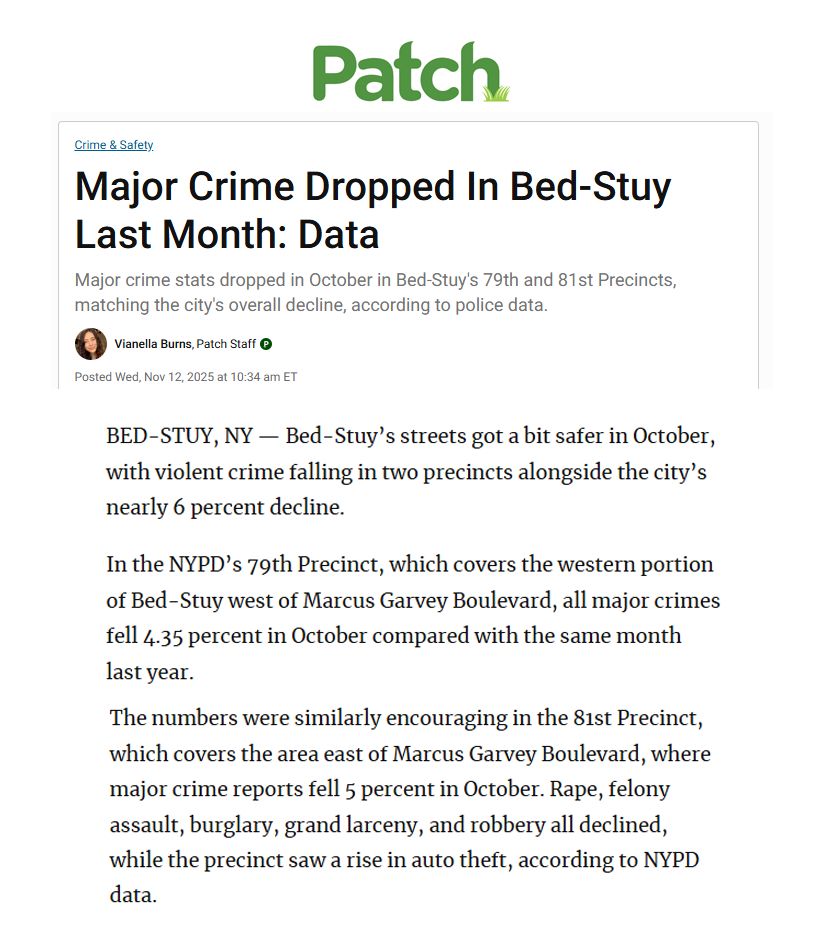 An article from Brooklyn Patch detailing a drop in crime this fall in Bed-Stuy