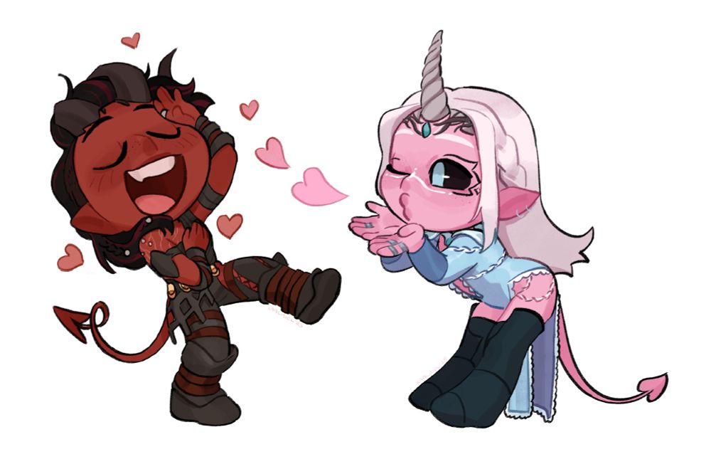 Karlach swooning at Desire's air kisses