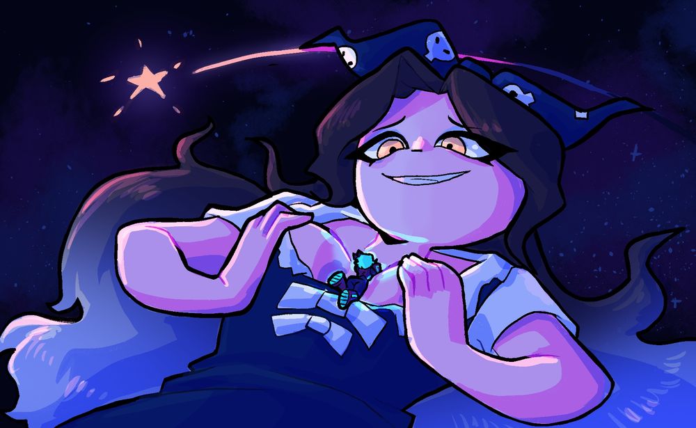 A huge woman drifting through space with a shooting star illuminating her and her gf. She has pulled down her shirt and holds her breasts up to cradle a small blue robot in her cleavage.
