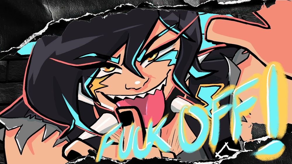 A woman with black hair and teal streaks licks her middle finger and flashes a taunting expression to the viewer. 