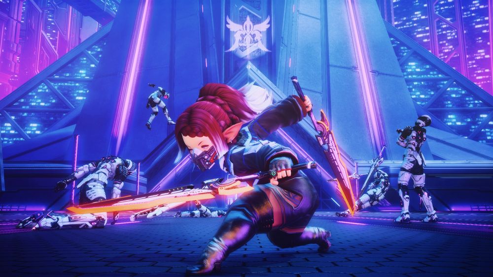 A shot of the same lalafell after she just finished a multi hitting attack. Her robotic victims are still in the process of succumbing to her blows well after she lands them.