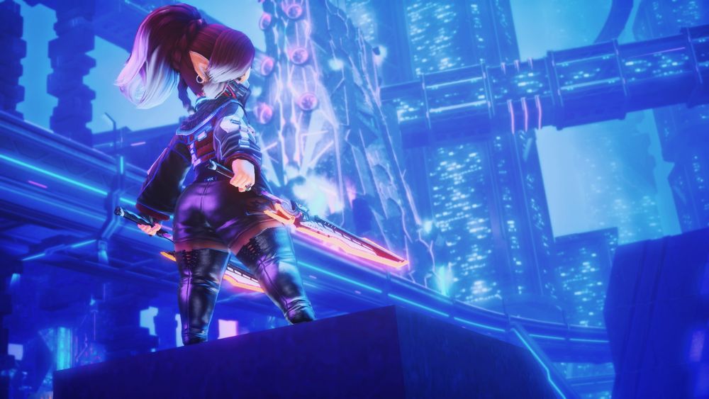 A 2/3rds shot of a female lalafell wearing a skintight bodysuit, cybernetic jacket, and a mask holds 2 glowing twinswords as she looks behind her back. A bustling city of lights and skyscrapers form the background.