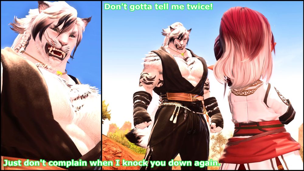 Another 2panel that mirrors the situation. The hrothgar is in full view in the background, standing confidently with his hands balled into fists. He retorts: "Don't gotta tell me twice! Just don't complain when I knock you down again."