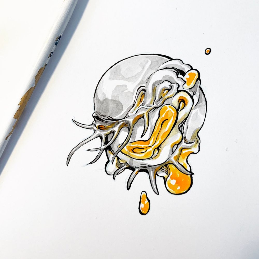 A black, white, and orange ink drawing.

An eyeball, weeping orange tears. The iris pulls away into the air into orange tendrils, tangling with the lashes.