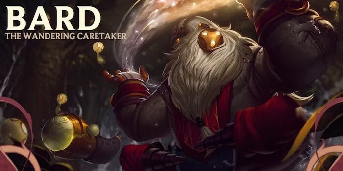 A magical character clad in red, with a white mane, and a golden mask with three circles on it resembling eyes and mouth. The character is Bard from League of Legends. In the top left corner it says "Bard: The Wandering Caretaker" in white letters.