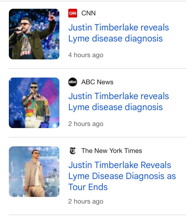 CNN, ABC, and NY Times headlines about Justin Timberlake's Lyme disease diagnosis, which caused his tour to end